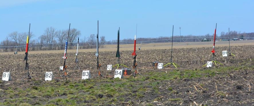 Rockets on launch pads at the Michiana Rocketry field